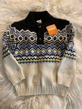 NWT Gymboree Cream, Black and Blue Fair Isle V-Neck Sweater
